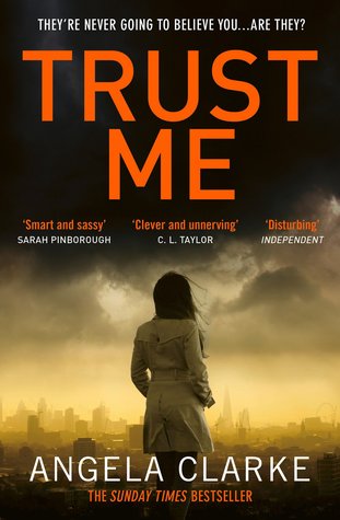 Trust Me by Angela Clarke book cover showing a woman in a trench coat looking out over a city