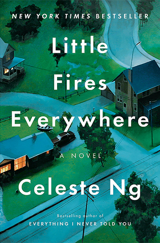 Little Fires Everywhere by Celeste Ng book cover which shows some houses with winding roads and grass going between them