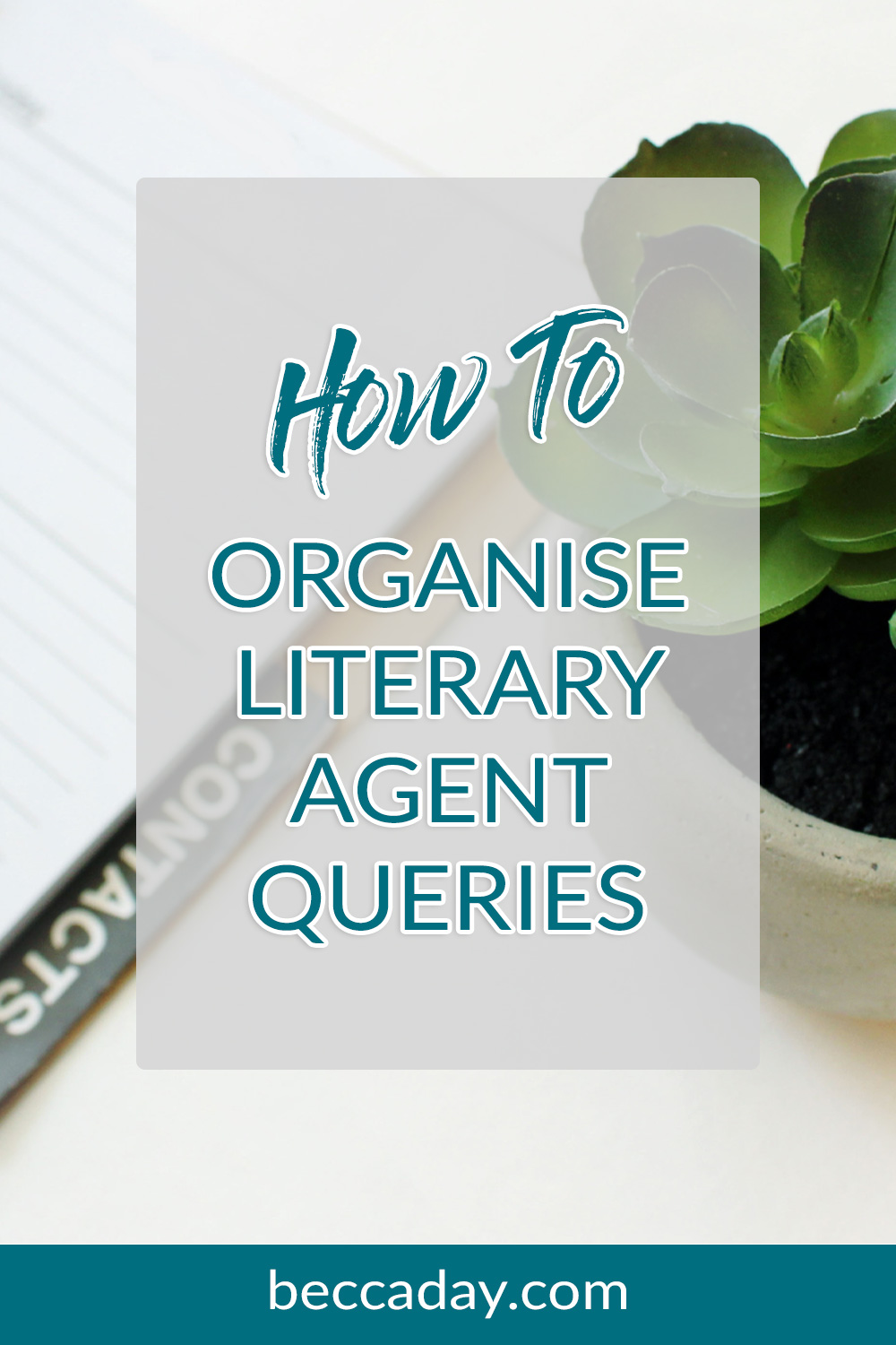 Blue text that reads 'how to organise literary agent queries' on a grey transparent background atop a picture of a planner and a succulant