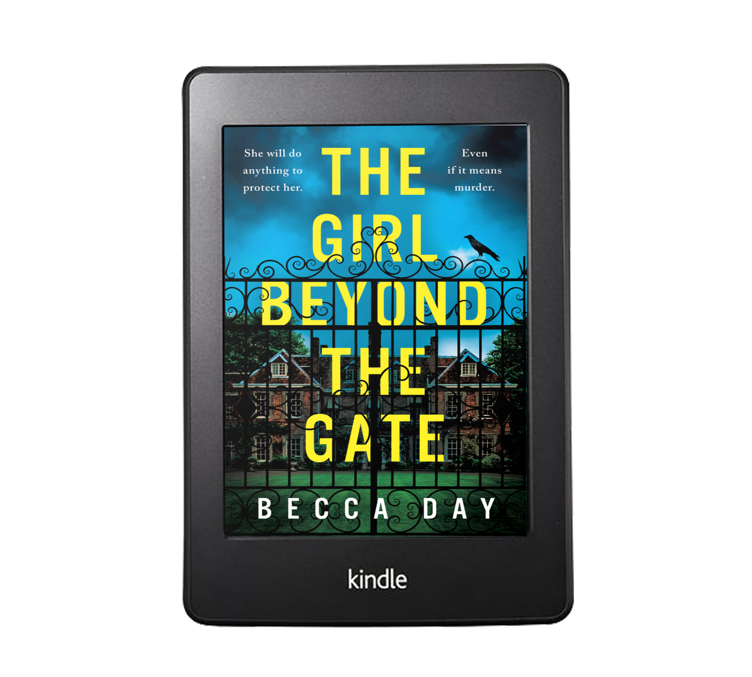 Mockup of The Girl Beyond The Gate by Becca Day. The cover shows two tudor houses surrounded by a gate